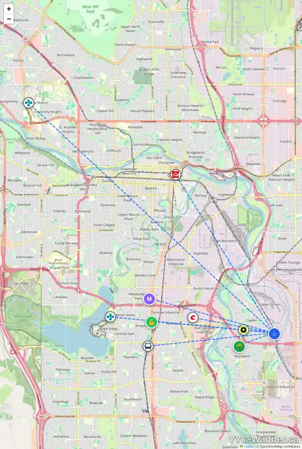 Daily accessibility map for 7642 27 ST SE, Calgary showing nearby schools, grocery stores, parks, LRT stations and nearby amenities