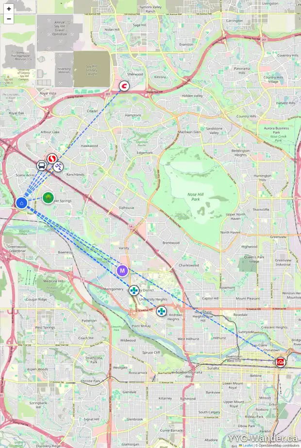 Daily accessibility map for 4 SCENIC RIDGE GR NW, Calgary showing nearby schools, grocery stores, parks, LRT stations and nearby amenities