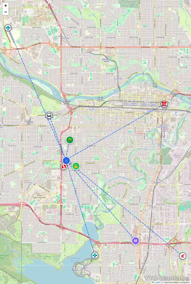 Daily accessibility map for 2418 32 AV SW, Calgary showing nearby schools, grocery stores, parks, LRT stations and nearby amenities