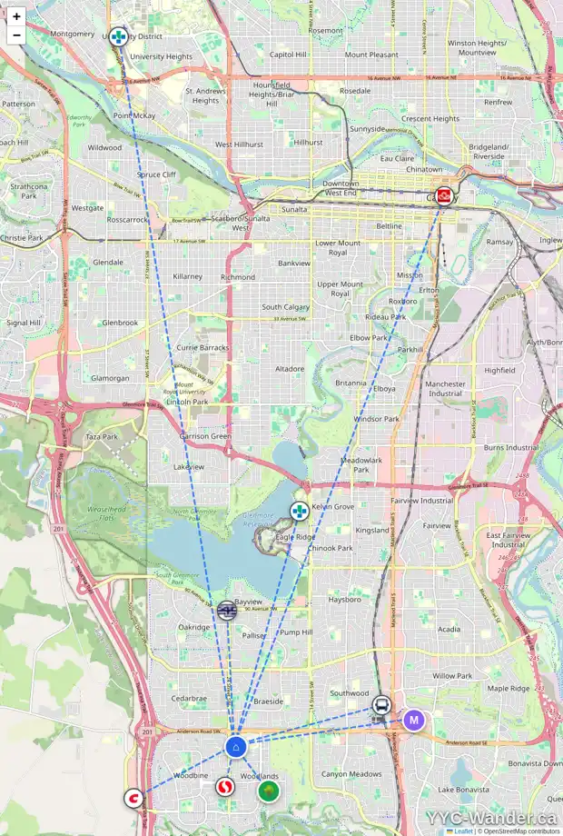 Daily accessibility map for 220 WOODPARK BA SW, Calgary showing nearby schools, grocery stores, parks, LRT stations and nearby amenities