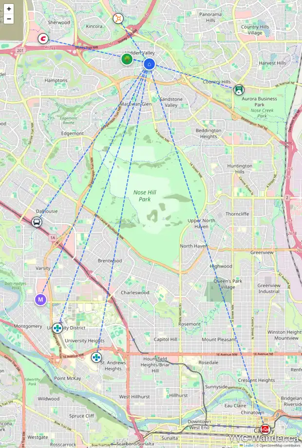 Daily accessibility map for 128 HIDDEN VALLEY LD NW, Calgary showing nearby schools, grocery stores, parks, LRT stations and nearby amenities