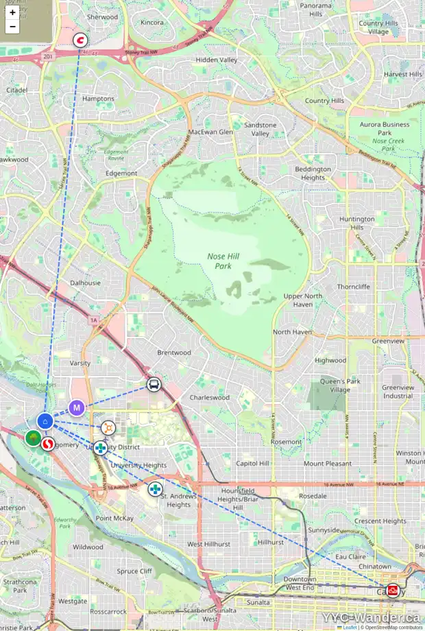 Daily accessibility map for 2011 52 ST NW, Calgary showing nearby schools, grocery stores, parks, LRT stations and nearby amenities