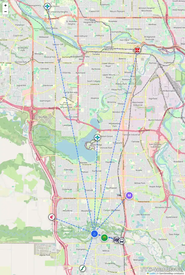 Daily accessibility map for 1689 EVERGREEN HL SW, Calgary showing nearby schools, grocery stores, parks, LRT stations and nearby amenities