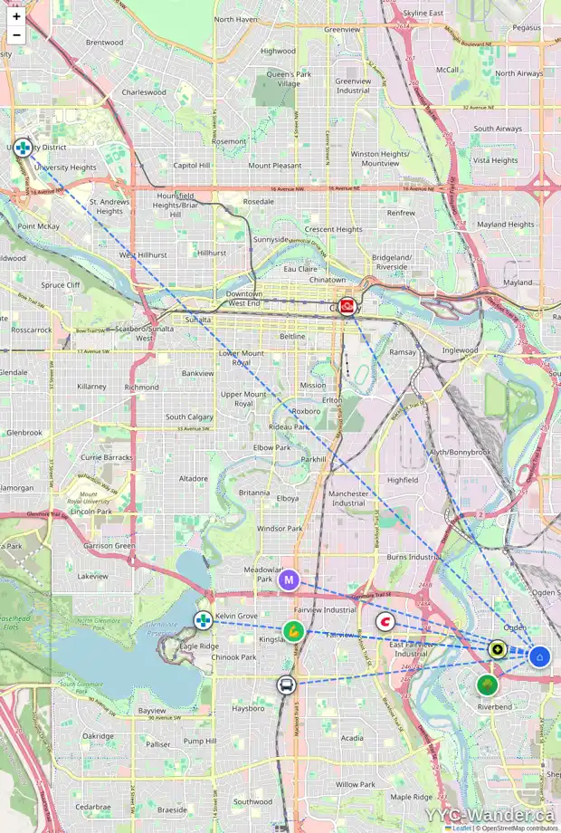 Daily accessibility map for 7644 23 ST SE, Calgary showing nearby schools, grocery stores, parks, LRT stations and nearby amenities