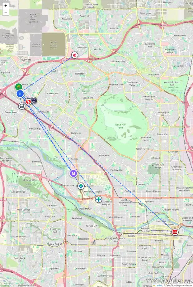 Daily accessibility map for 140 ARBOUR WOOD ME NW, Calgary showing nearby schools, grocery stores, parks, LRT stations and nearby amenities