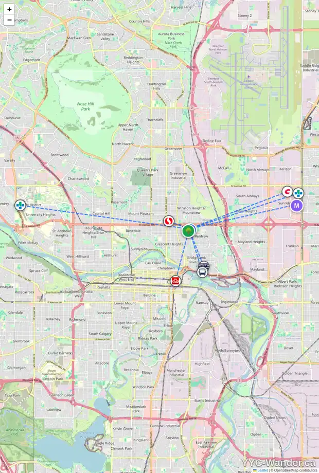Daily accessibility map for 632 14 AV NE, Calgary showing nearby schools, grocery stores, parks, LRT stations and nearby amenities