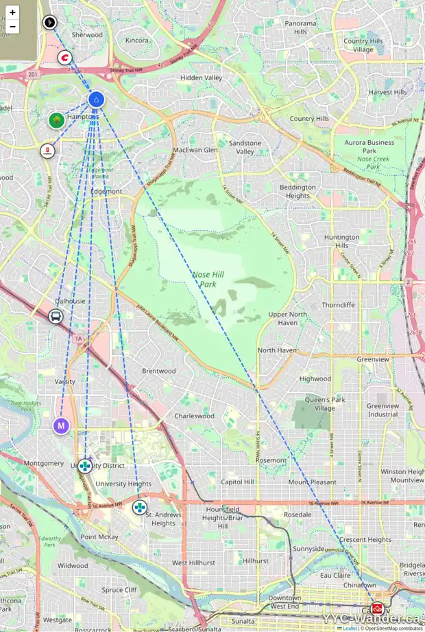Daily accessibility map for 191 HAMPTONS TC NW, Calgary showing nearby schools, grocery stores, parks, LRT stations and nearby amenities