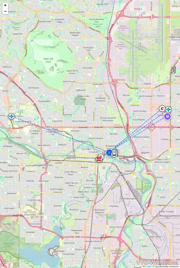 Daily accessibility map for 29 MCDOUGALL CO NE, Calgary showing nearby schools, grocery stores, parks, LRT stations and nearby amenities