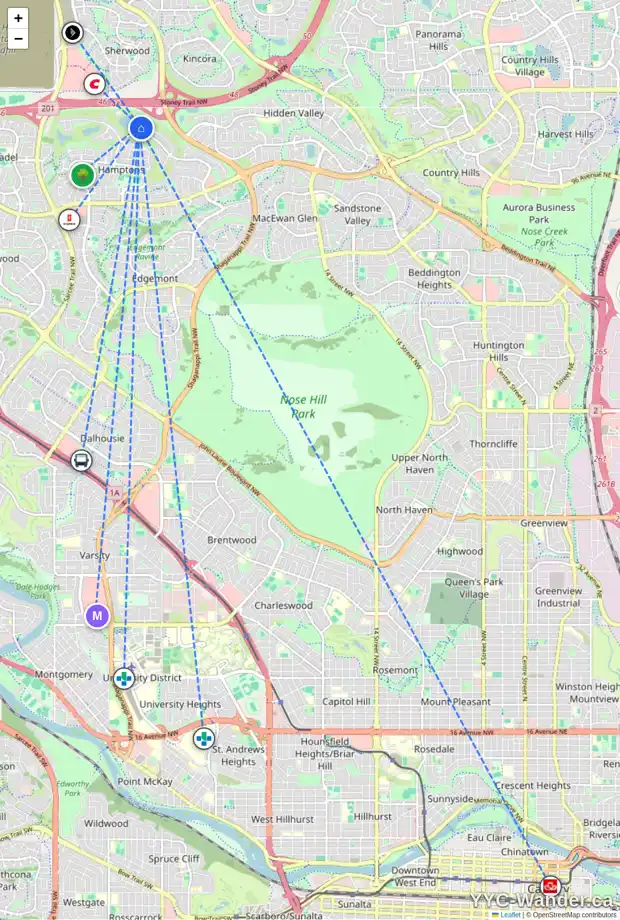Daily accessibility map for 75 HAMPTONS BA NW, Calgary showing nearby schools, grocery stores, parks, LRT stations and nearby amenities