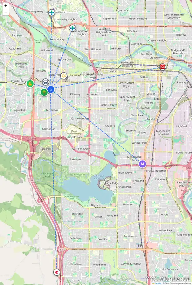 Daily accessibility map for 4504 GROVE HILL RD SW, Calgary showing nearby schools, grocery stores, parks, LRT stations and nearby amenities
