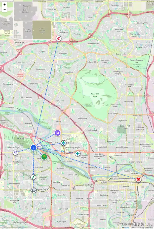 Daily accessibility map for 375 PATTERSON BV SW, Calgary showing nearby schools, grocery stores, parks, LRT stations and nearby amenities
