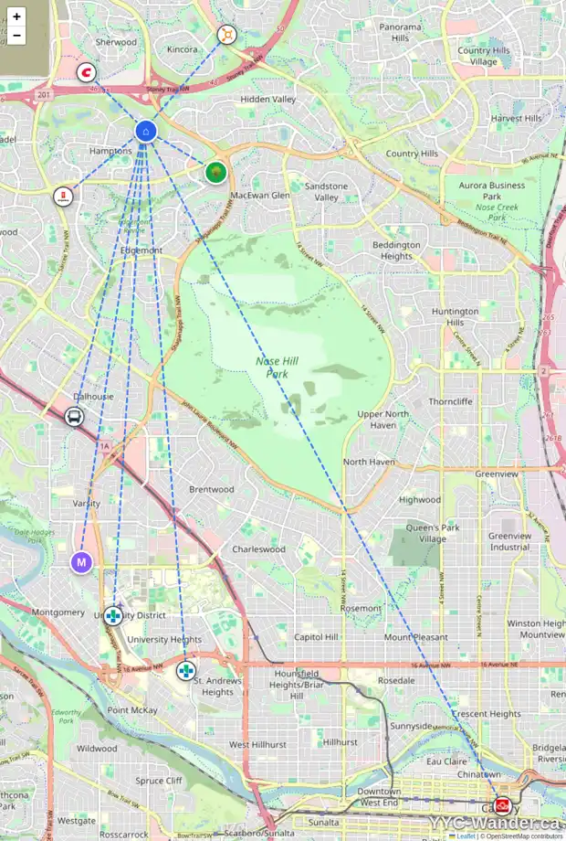 Daily accessibility map for 63 HAMPTONS LI NW, Calgary showing nearby schools, grocery stores, parks, LRT stations and nearby amenities