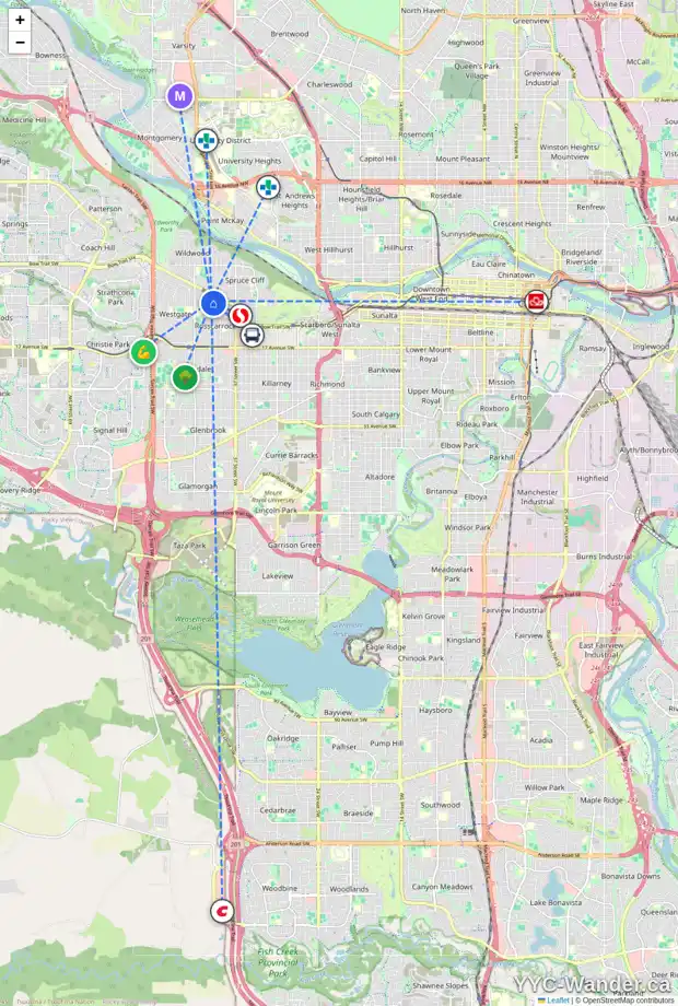 Daily accessibility map for 4215 7 AV SW, Calgary showing nearby schools, grocery stores, parks, LRT stations and nearby amenities