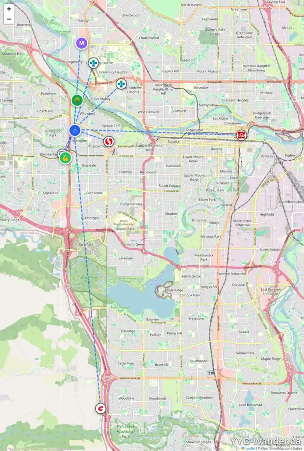 Daily accessibility map for 50 WESTWOOD DR SW, Calgary showing nearby schools, grocery stores, parks, LRT stations and nearby amenities