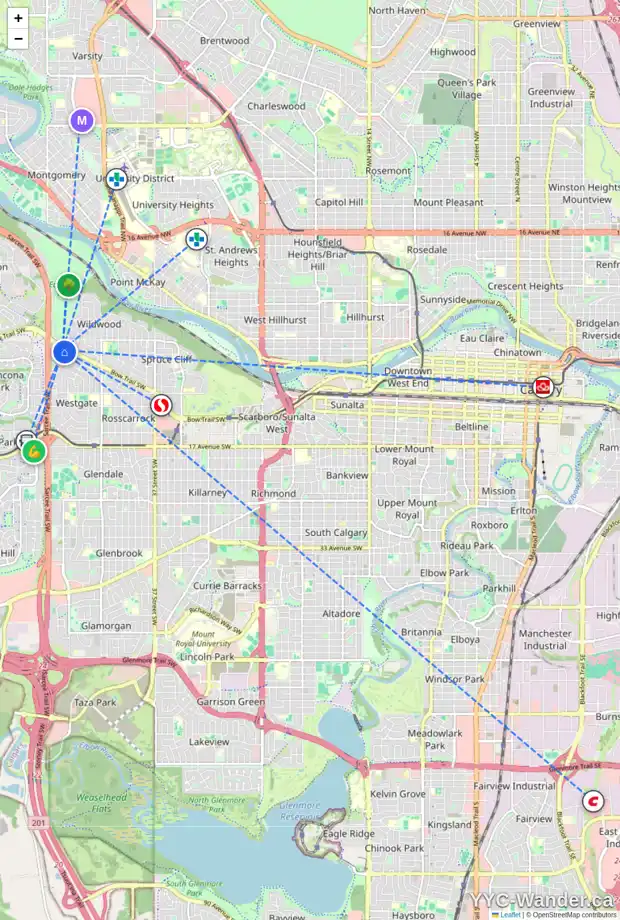 Daily accessibility map for 5319 WAVERLEY DR SW, Calgary showing nearby schools, grocery stores, parks, LRT stations and nearby amenities