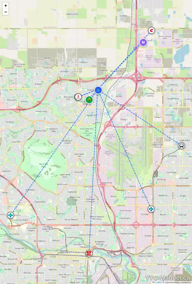 Daily accessibility map for 250 COVEWOOD PA NE, Calgary showing nearby schools, grocery stores, parks, LRT stations and nearby amenities