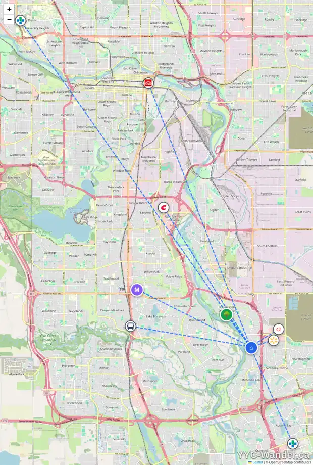 Daily accessibility map for 8 MT DOUGLAS CI SE, Calgary showing nearby schools, grocery stores, parks, LRT stations and nearby amenities