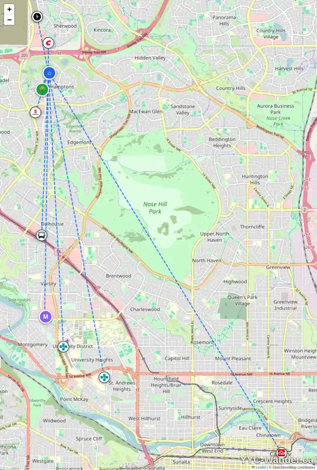 Daily accessibility map for 48 HAMPTONS CV NW, Calgary showing nearby schools, grocery stores, parks, LRT stations and nearby amenities