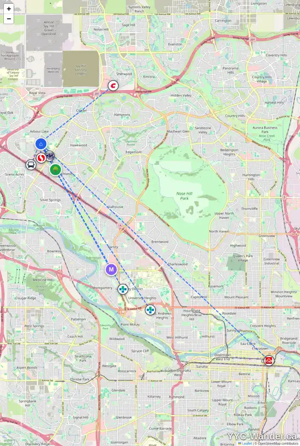 Daily accessibility map for 44 ARBOUR ESTATES GR NW, Calgary showing nearby schools, grocery stores, parks, LRT stations and nearby amenities