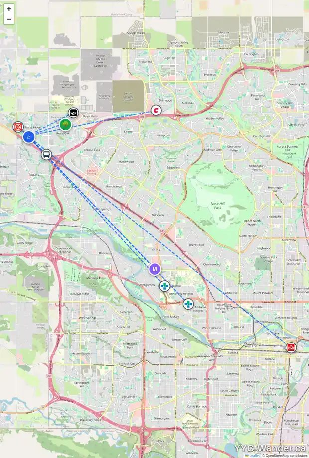 Daily accessibility map for 359 ROCKY RIDGE DR NW, Calgary showing nearby schools, grocery stores, parks, LRT stations and nearby amenities