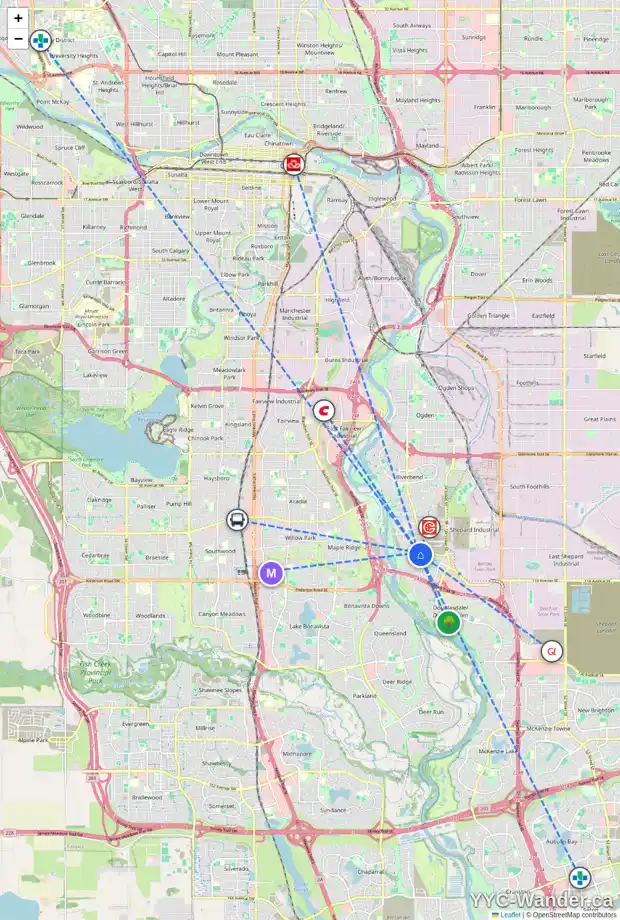 Daily accessibility map for 20 DOUGLAS GLEN HT SE, Calgary showing nearby schools, grocery stores, parks, LRT stations and nearby amenities