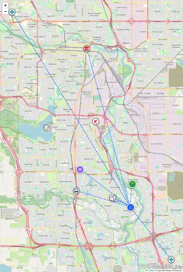 Daily accessibility map for 14658 DEER RUN DR SE, Calgary showing nearby schools, grocery stores, parks, LRT stations and nearby amenities