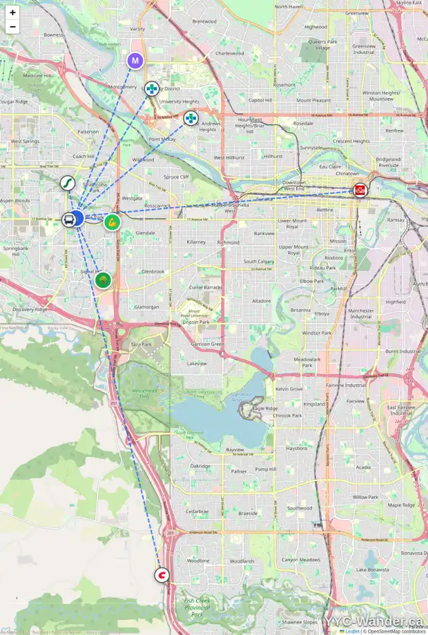 Daily accessibility map for 7076 CHRISTIE BRIAR MR SW, Calgary showing nearby schools, grocery stores, parks, LRT stations and nearby amenities