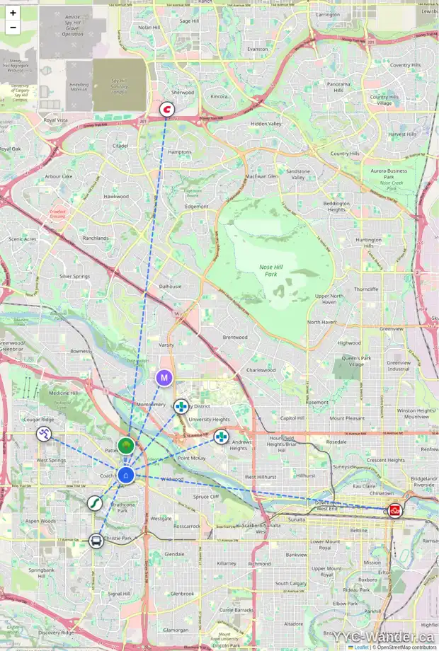 Daily accessibility map for 76 COACH MANOR RI SW, Calgary showing nearby schools, grocery stores, parks, LRT stations and nearby amenities