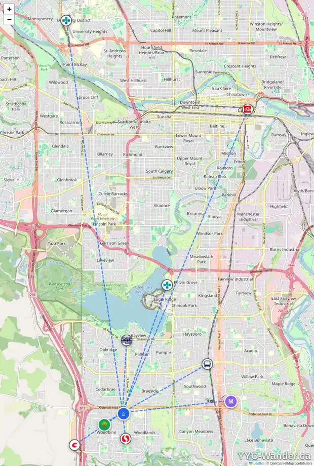 Daily accessibility map for 115 WOODFORD DR SW, Calgary showing nearby schools, grocery stores, parks, LRT stations and nearby amenities