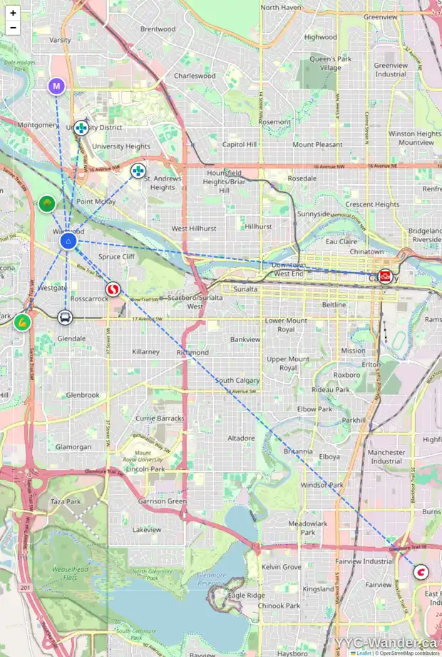 Daily accessibility map for 64 WIMBLEDON CR SW, Calgary showing nearby schools, grocery stores, parks, LRT stations and nearby amenities