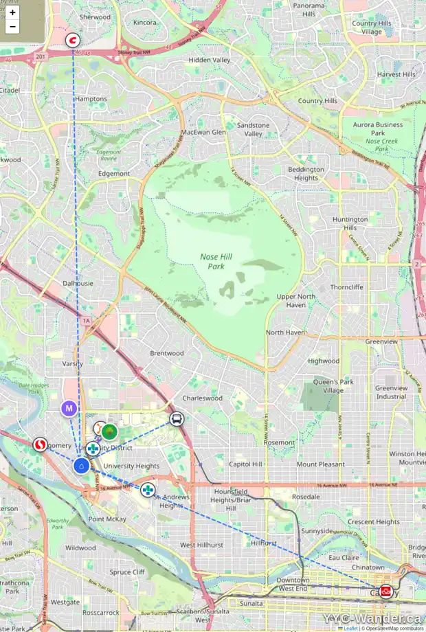 Daily accessibility map for 4415 21 AV NW, Calgary showing nearby schools, grocery stores, parks, LRT stations and nearby amenities
