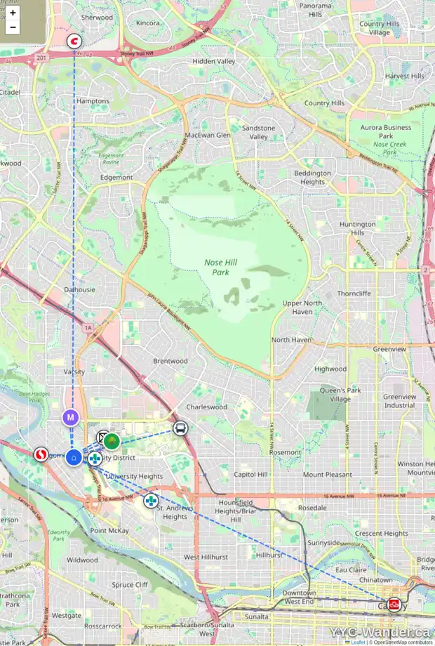 Daily accessibility map for 4639 22 AV NW, Calgary showing nearby schools, grocery stores, parks, LRT stations and nearby amenities