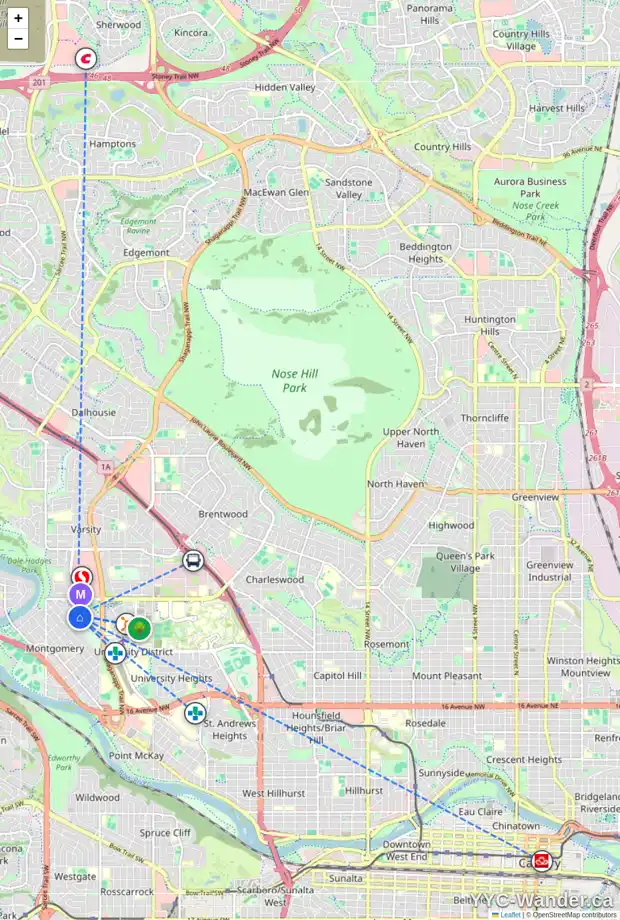 Daily accessibility map for 4724 MONTALBAN DR NW, Calgary showing nearby schools, grocery stores, parks, LRT stations and nearby amenities
