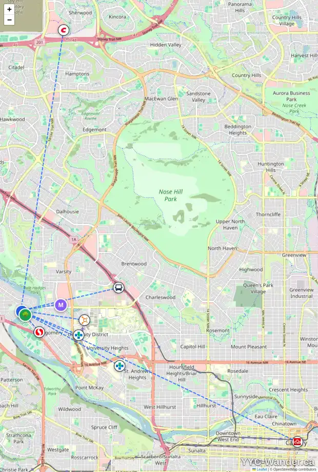 Daily accessibility map for 5811 BOWNESS RD NW, Calgary showing nearby schools, grocery stores, parks, LRT stations and nearby amenities
