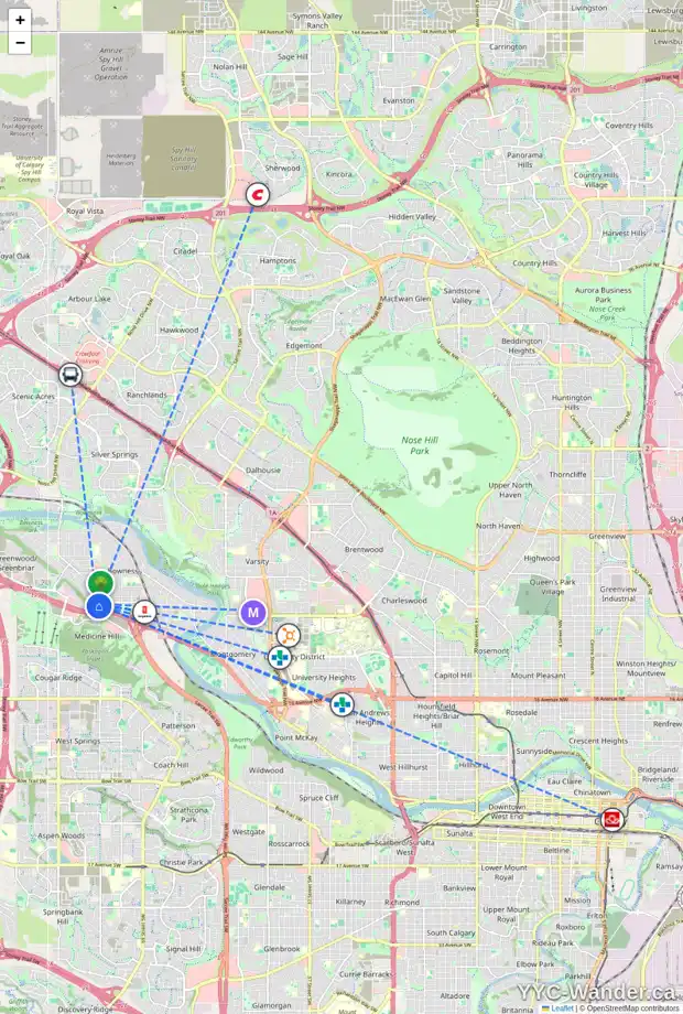 Daily accessibility map for 7813 33 AV NW, Calgary showing nearby schools, grocery stores, parks, LRT stations and nearby amenities