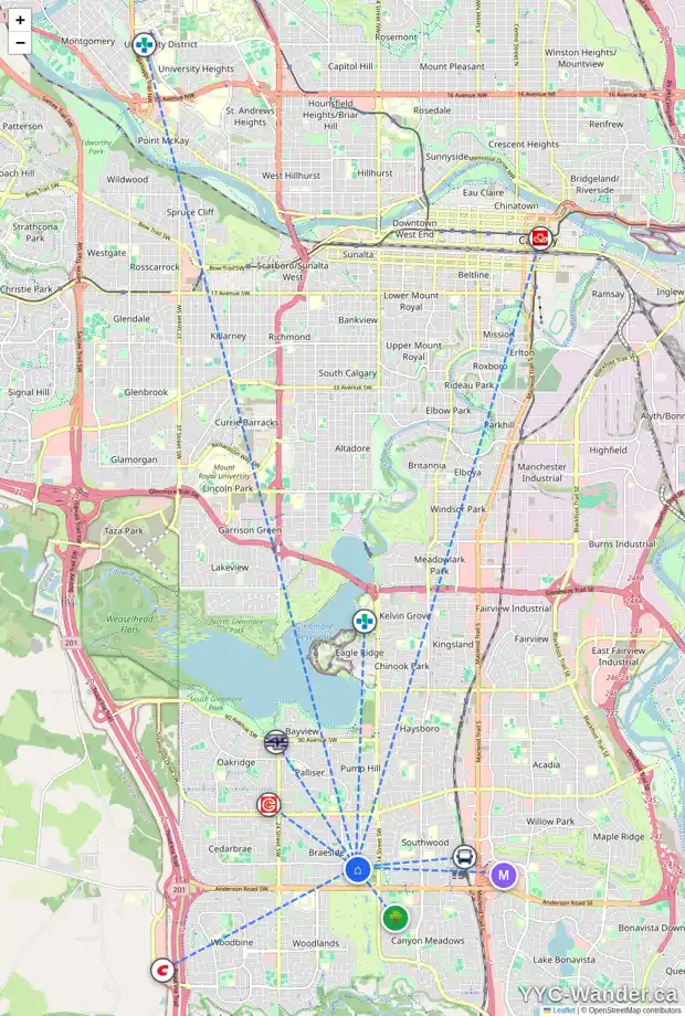 Daily accessibility map for 1723 111 AV SW, Calgary showing nearby schools, grocery stores, parks, LRT stations and nearby amenities