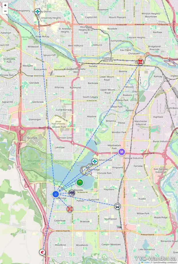 Daily accessibility map for 9428 OAKLAND RD SW, Calgary showing nearby schools, grocery stores, parks, LRT stations and nearby amenities