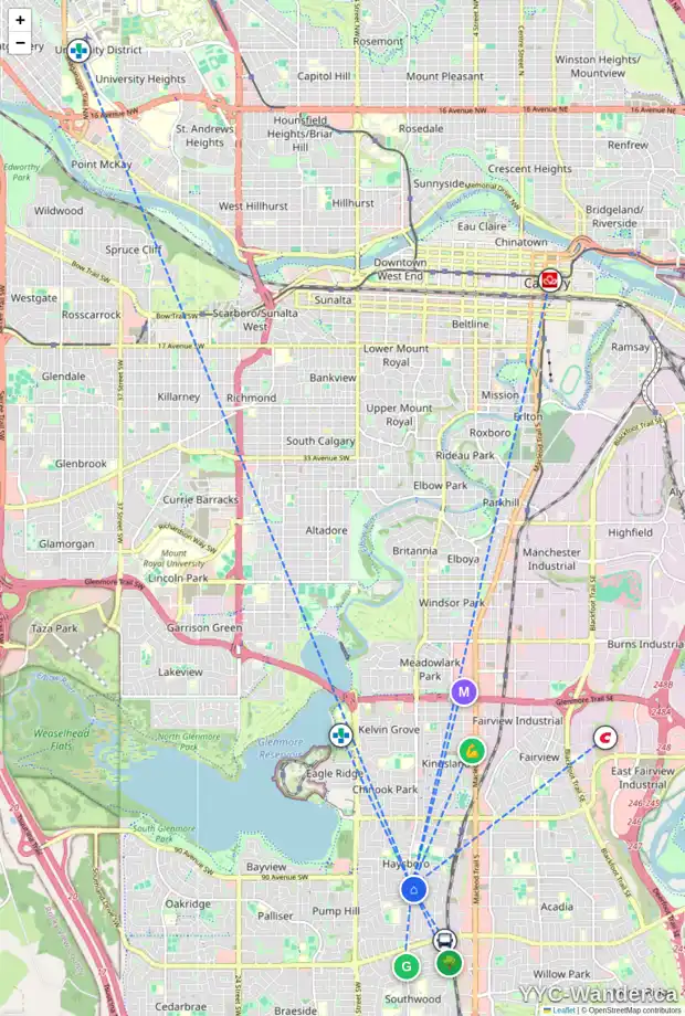 Daily accessibility map for 5 HAYS DR SW, Calgary showing nearby schools, grocery stores, parks, LRT stations and nearby amenities