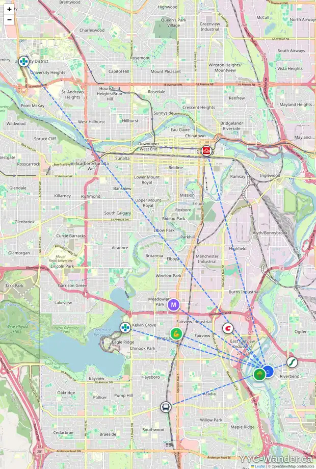 Daily accessibility map for 228 RIVERSIDE CL SE, Calgary showing nearby schools, grocery stores, parks, LRT stations and nearby amenities