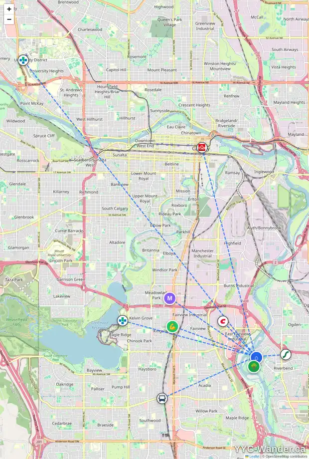 Daily accessibility map for 65 RIVERSIDE CI SE, Calgary showing nearby schools, grocery stores, parks, LRT stations and nearby amenities