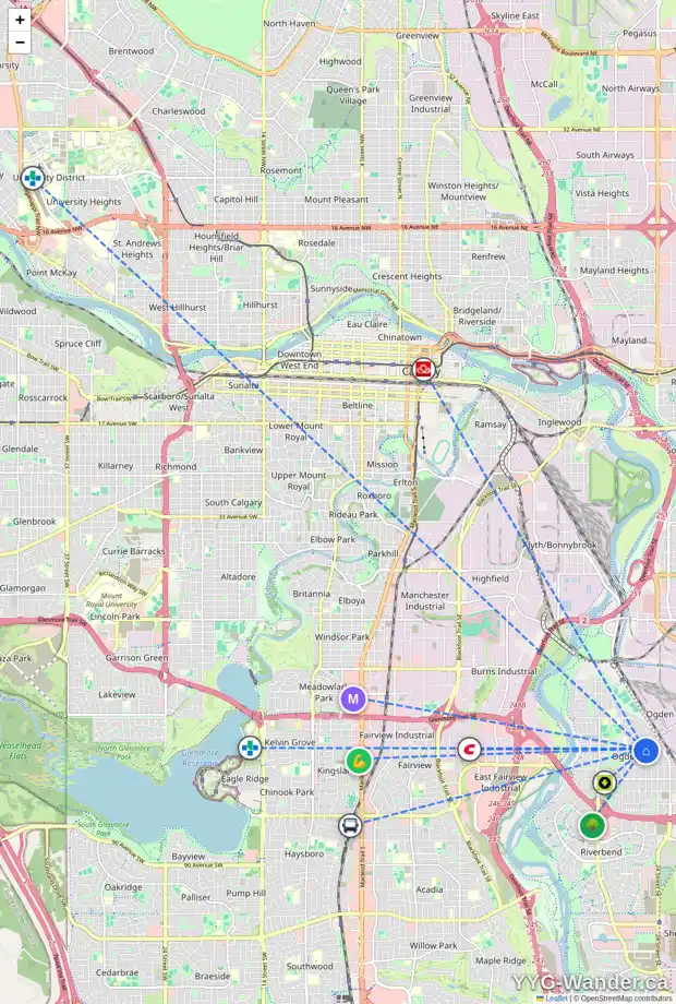 Daily accessibility map for 7039 22A ST SE, Calgary showing nearby schools, grocery stores, parks, LRT stations and nearby amenities
