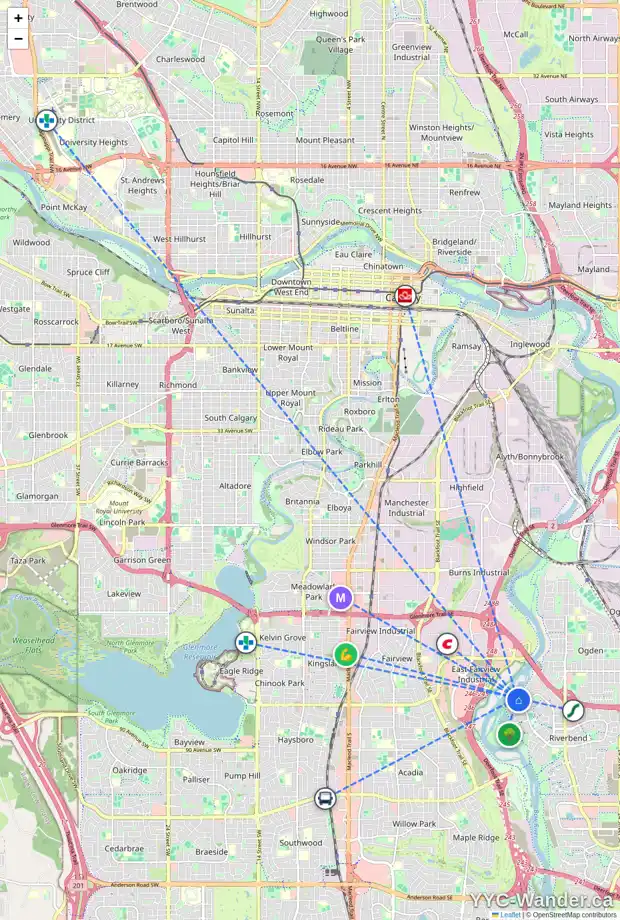 Daily accessibility map for 181 RIVERSIDE CI SE, Calgary showing nearby schools, grocery stores, parks, LRT stations and nearby amenities
