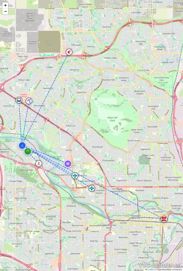 Daily accessibility map for 8142 46 AV NW, Calgary showing nearby schools, grocery stores, parks, LRT stations and nearby amenities