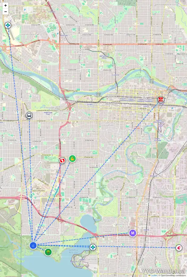 Daily accessibility map for 3419 LAKE CO SW, Calgary showing nearby schools, grocery stores, parks, LRT stations and nearby amenities