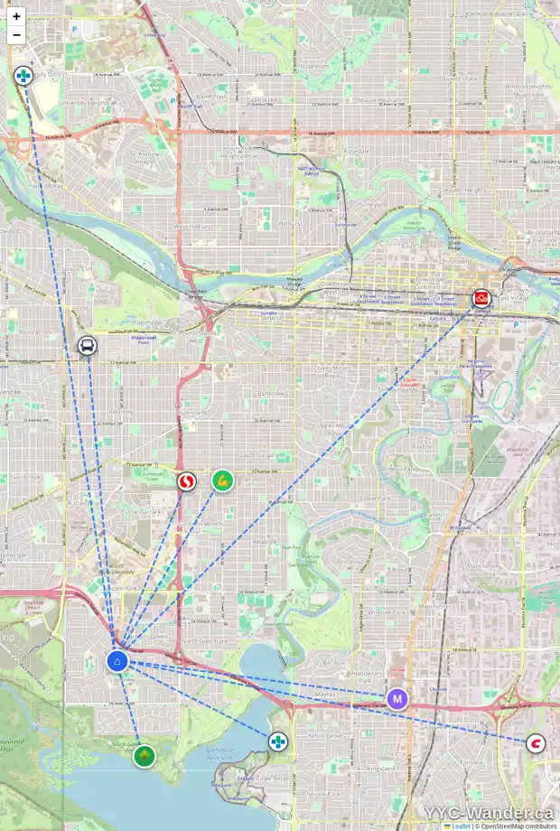 Daily accessibility map for 3417 LANE CR SW, Calgary showing nearby schools, grocery stores, parks, LRT stations and nearby amenities