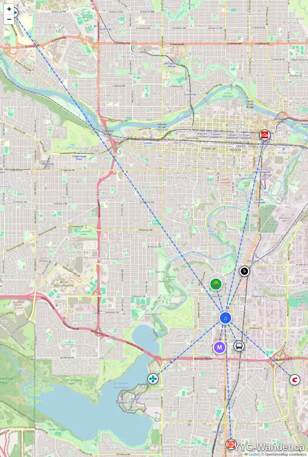 Daily accessibility map for 5607 4 ST SW, Calgary showing nearby schools, grocery stores, parks, LRT stations and nearby amenities