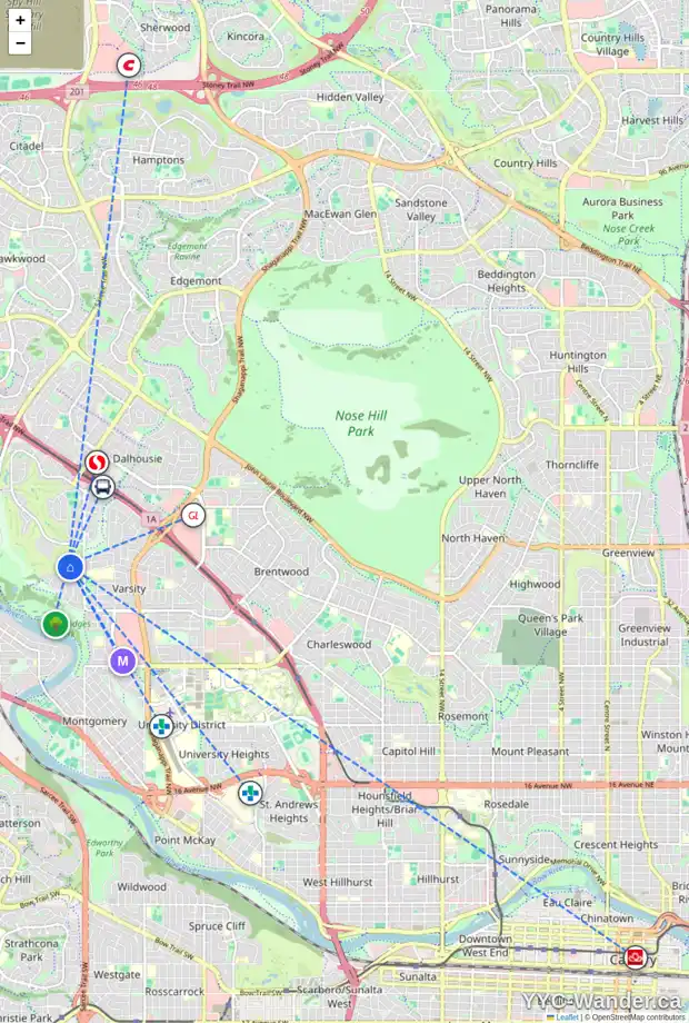 Daily accessibility map for 4536 VARSITY GR NW, Calgary showing nearby schools, grocery stores, parks, LRT stations and nearby amenities