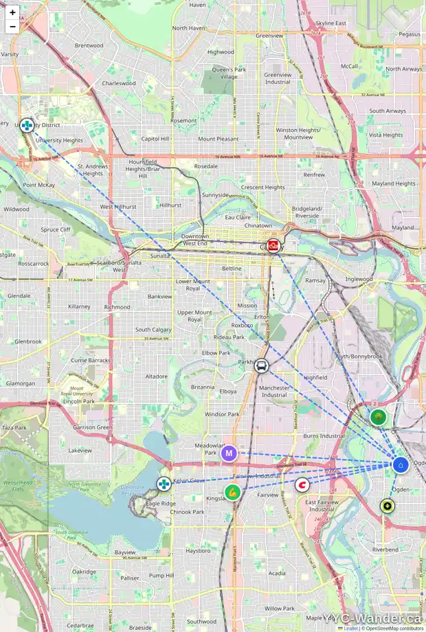 Daily accessibility map for 6604 20A ST SE, Calgary showing nearby schools, grocery stores, parks, LRT stations and nearby amenities
