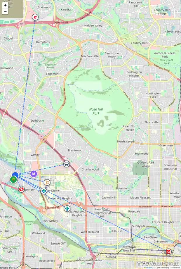 Daily accessibility map for 5838 BOWWATER CR NW, Calgary showing nearby schools, grocery stores, parks, LRT stations and nearby amenities