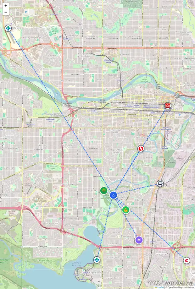 Daily accessibility map for 4528 BRITANNIA DR SW, Calgary showing nearby schools, grocery stores, parks, LRT stations and nearby amenities